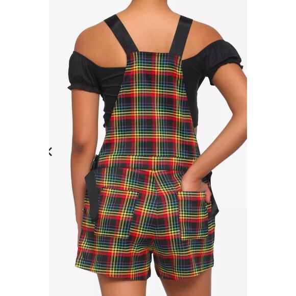 Hot topic Rainbow grid utility shortalls rainbow plaid Size Medium Kidcore - Picture 2 of 11
